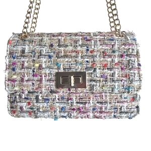 Tweed Pink Khaki White Small Gold Chain Handbag Purse